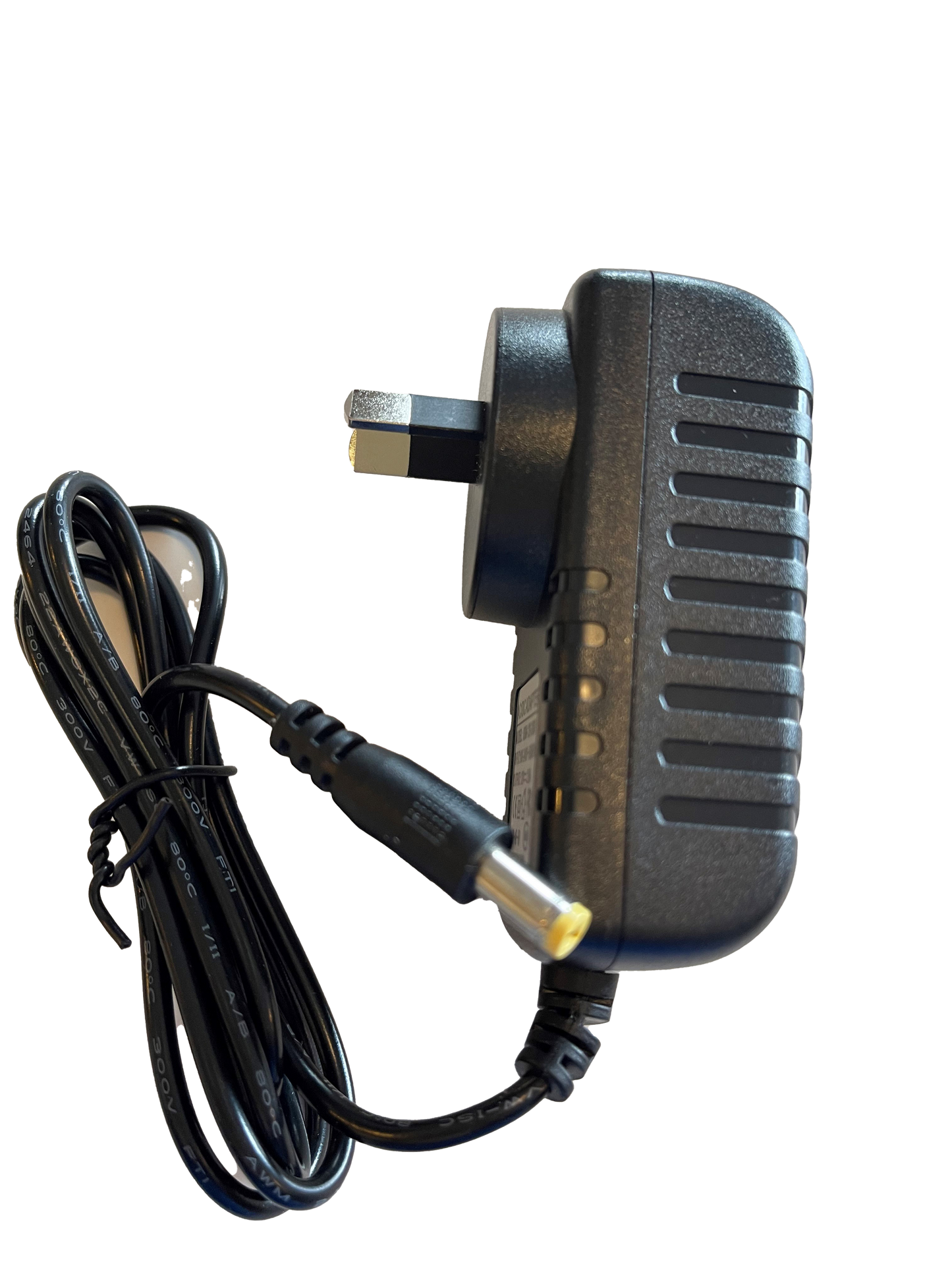 Black power adapter with a cord side view