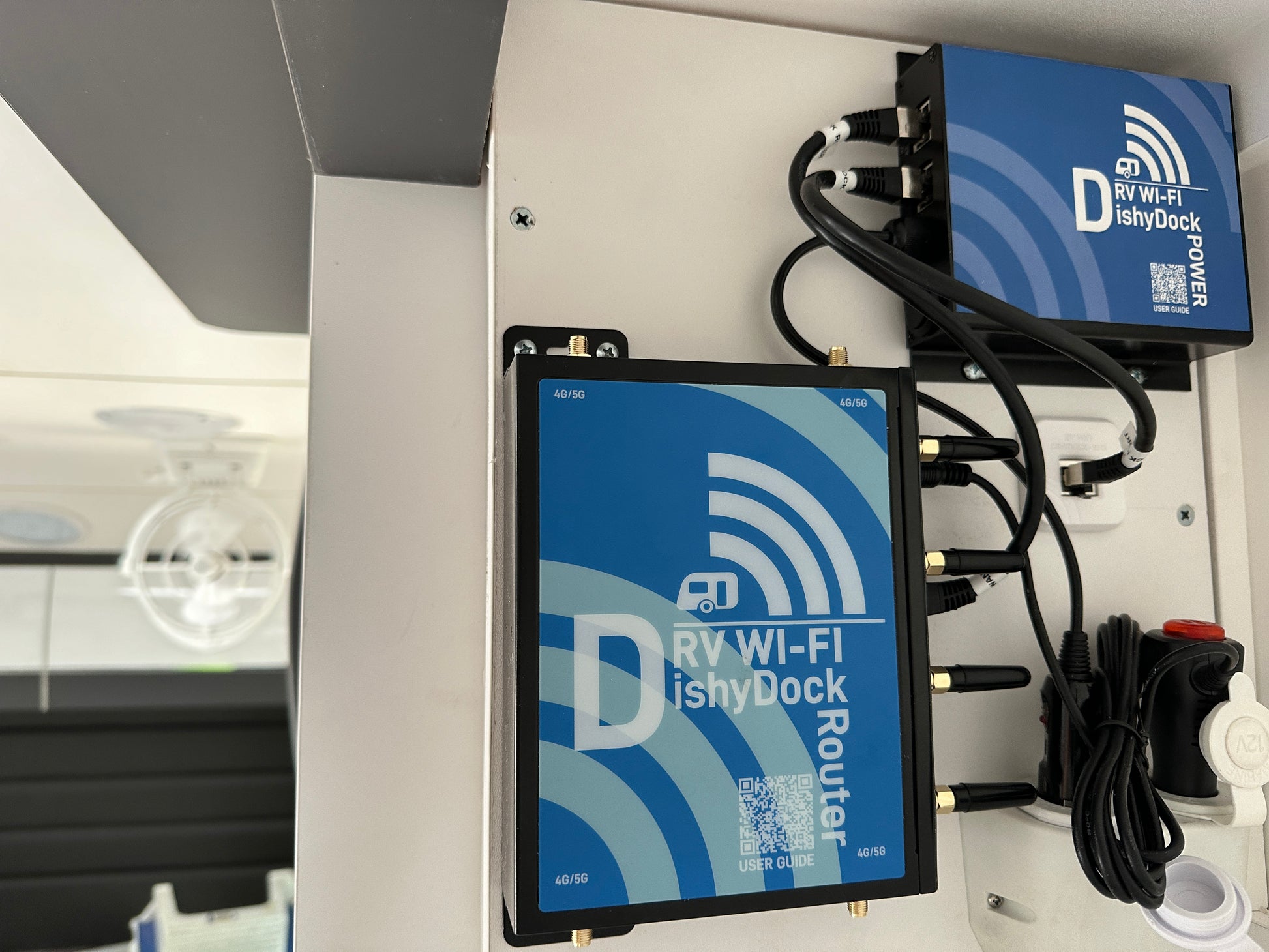 DishyDock Router and DishyDock Power installed in a caravan
