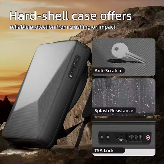Hard-shell case with features like anti-scratch, splash resistance, and TSA lock against a natural background.